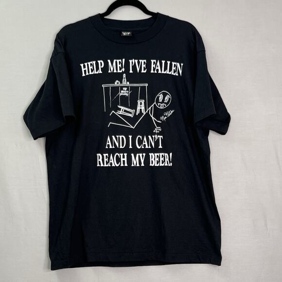 Vtg T Shirt Help Me Ive Fallen and I Cant Reach My Beer Mens XL Single Stitch - Picture 1 of 13